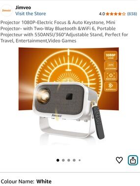 Jimveo White Mini Projector with Remote